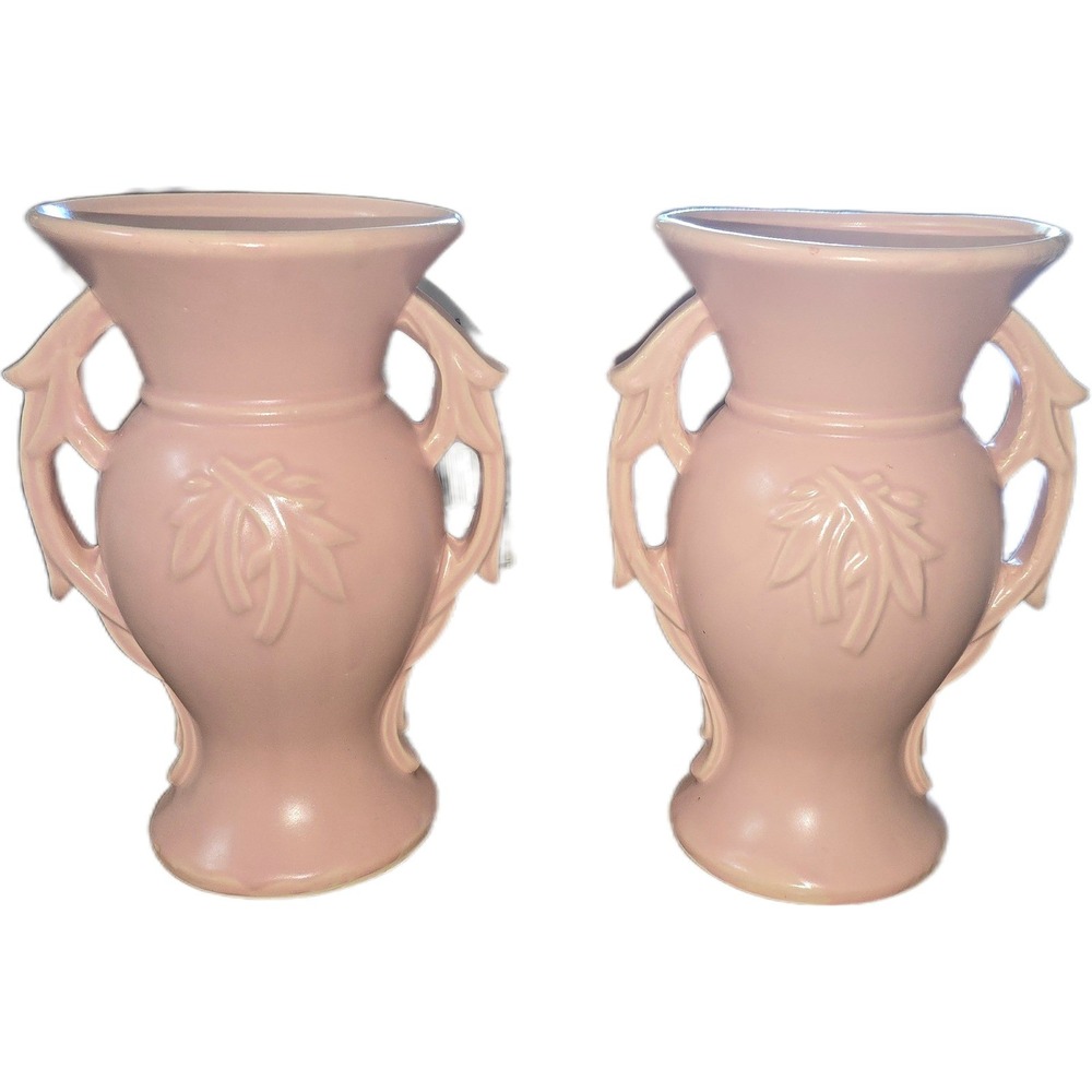 Vintage McCoy Pink Double Handle Urn Vase Pair Matte Leaf Embossed Set of 2